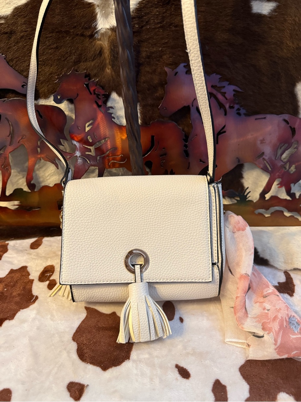 Street Level Cream Pebbled Tassel Crossbody Bag